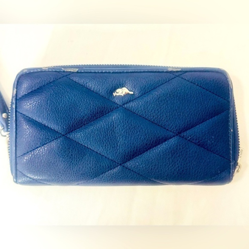 Roots 73 Women's Leather Wallets Zip Wristlet Around Navy Blue 12 Cards 20x10 cm